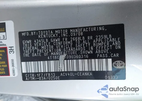 2009 Toyota Camry Le из США, поврежденный, VIN 4T1BE46K09U360316